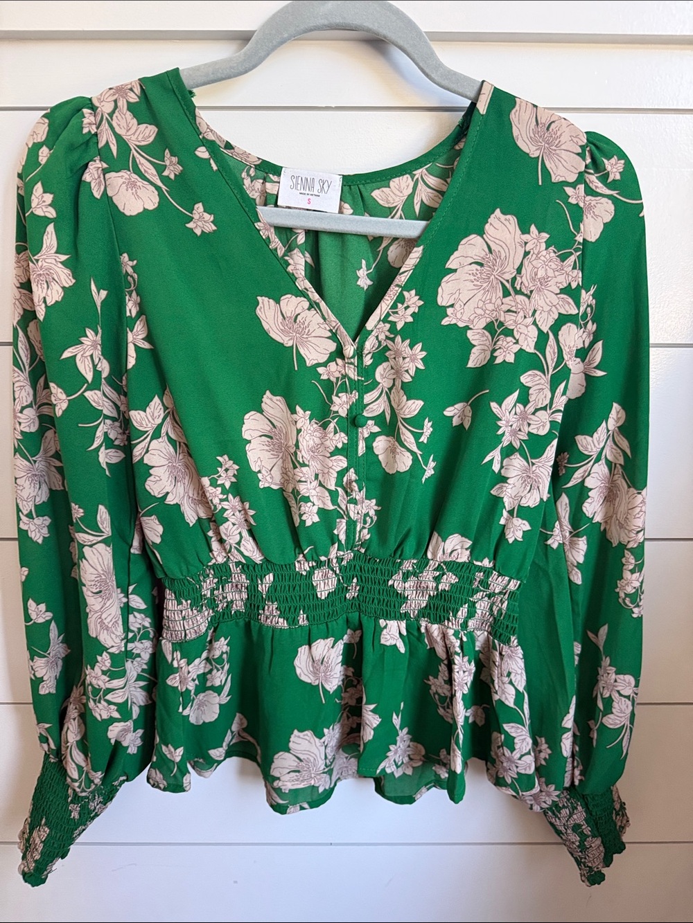 Sienna Sky Emerald Green Floral V-Neck Smocked Peplum Blouse